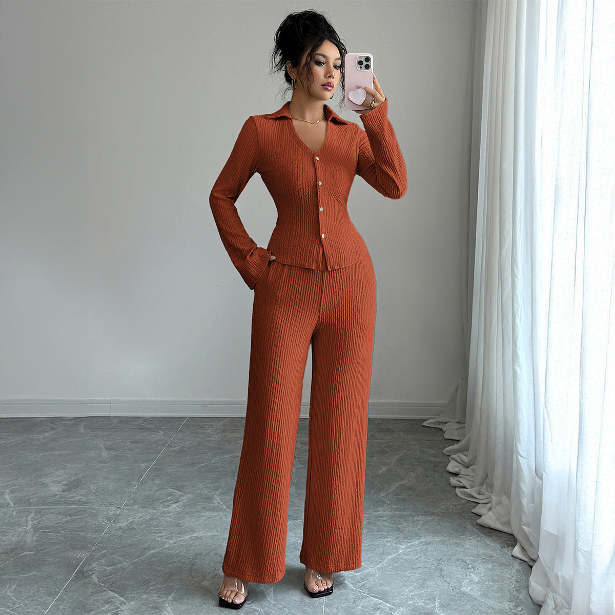 Button Shirt Wide-leg Pants Suit For Women 0 - Tophatter Daily Deals