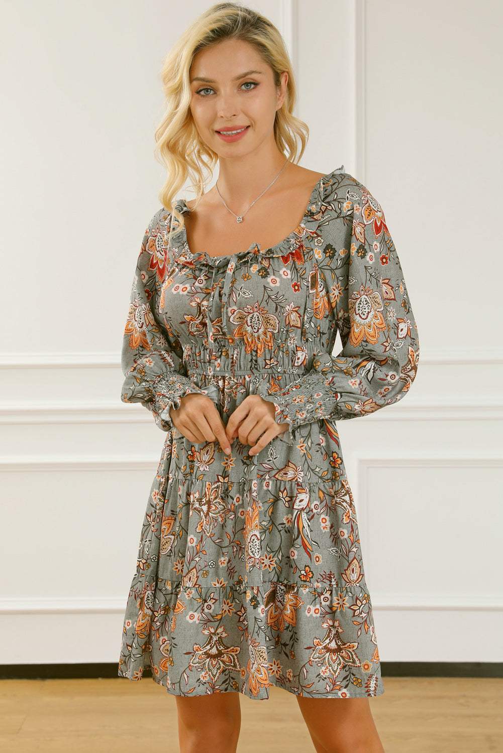 Printed Smocked Lantern Sleeve Tiered Dress Casual Dresses - Tophatter Daily Deals