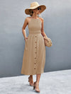 Buttoned Halter Neck Frill Trim Midi Dress Tan Casual Dresses - Tophatter Daily Deals