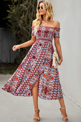Bohemian Off-Shoulder Frill Trim Split Dress Wine Casual Dresses - Tophatter Daily Deals