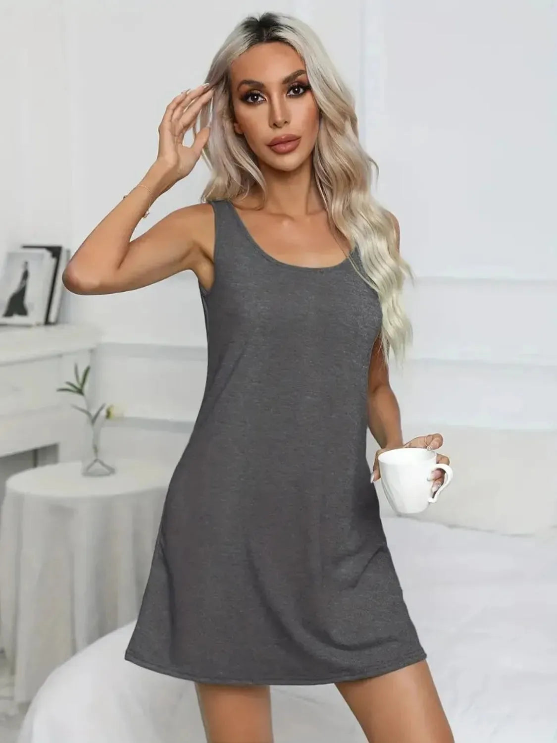 Full Size Scoop Neck Wide Strap Mini Dress Dark Gray Casual Dresses - Tophatter Daily Deals