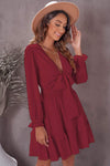 Tied Plunge Smocked Waist Flounce Sleeve Dress Casual Dresses - Tophatter Daily Deals