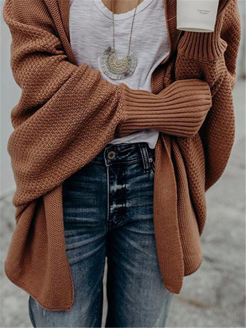 Bat Ssleeve Plus Size Knitted Cardigan Sweater Brown 0 - Tophatter Daily Deals