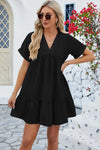 Ruched Tiered V-Neck Short Sleeve Mini Dress Black Casual Dresses - Tophatter Daily Deals