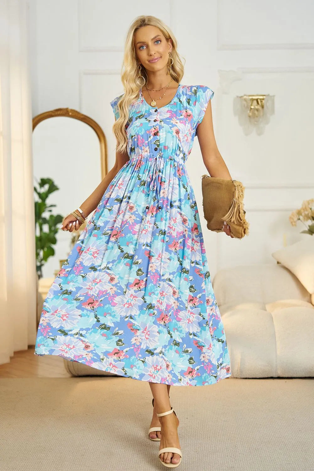 Floral V-Neck A-Line Midi Dress Casual Dresses - Tophatter Daily Deals