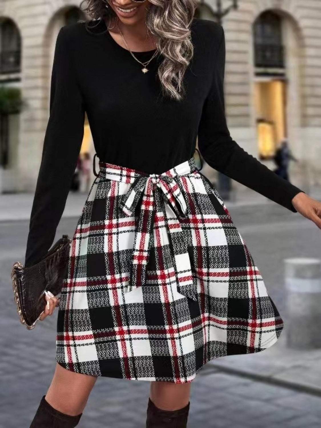 Tied Plaid Round Neck Long Sleeve Dress Casual Dresses - Tophatter Daily Deals