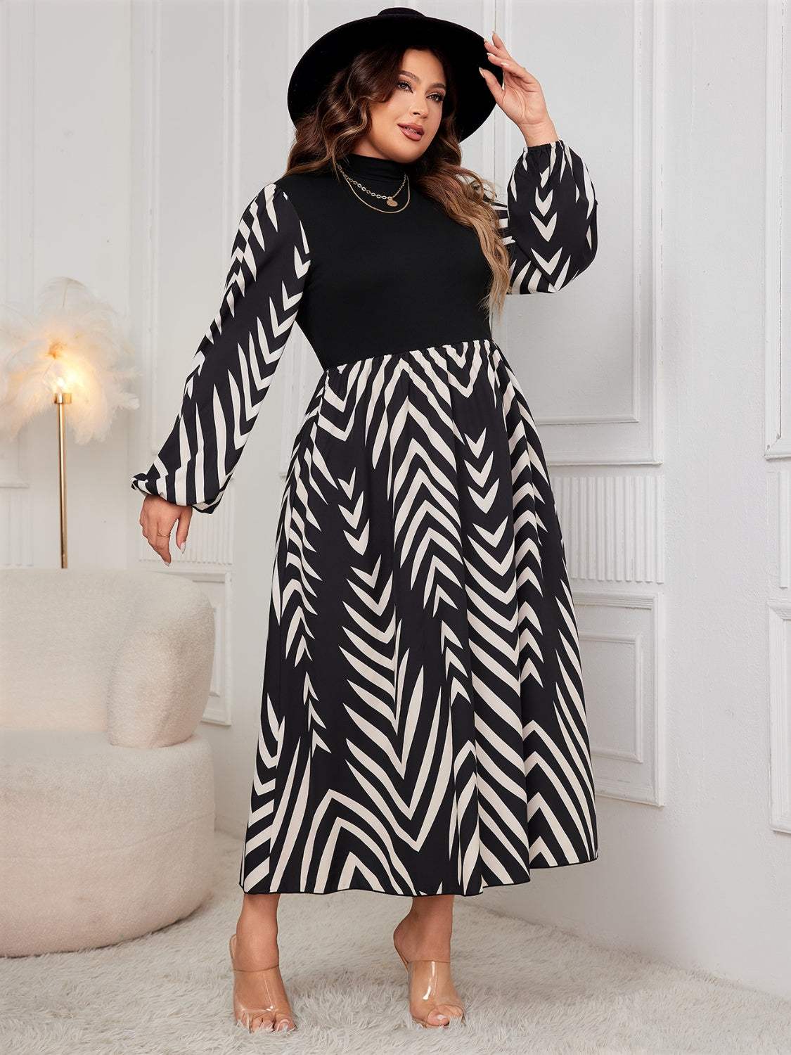 Plus Size Printed Mock Neck Long Sleeve Midi Dress Casual Dresses - Tophatter Daily Deals