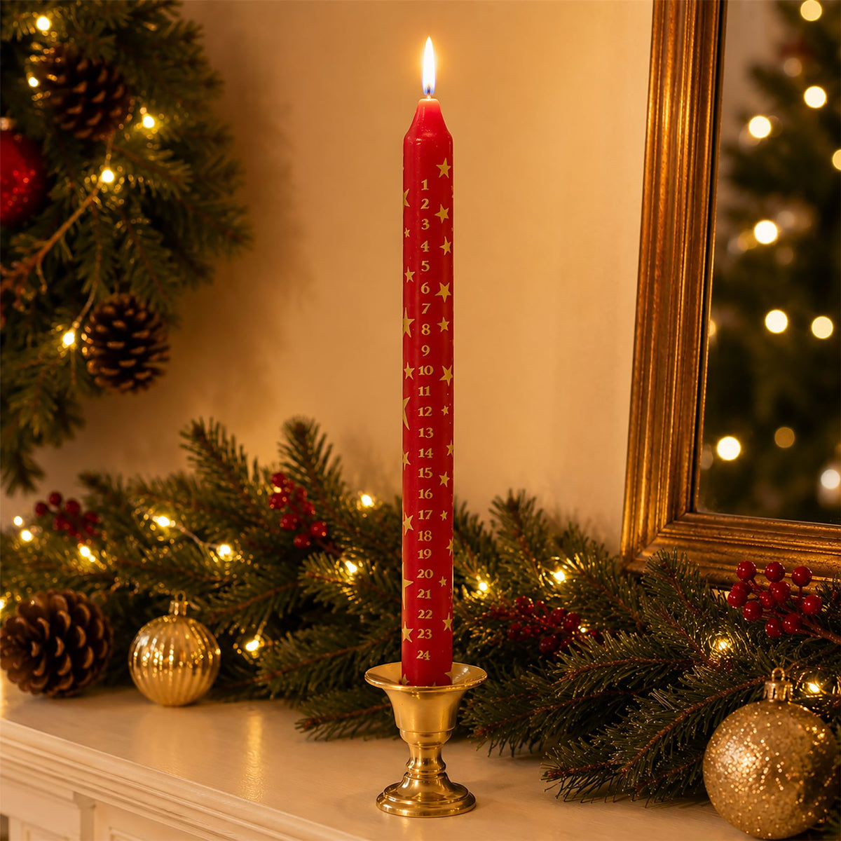 Red Christmas Advent Candle, Festive Gold Star Countdown Dinner Candle Advent Candle - Tophatter Daily Deals