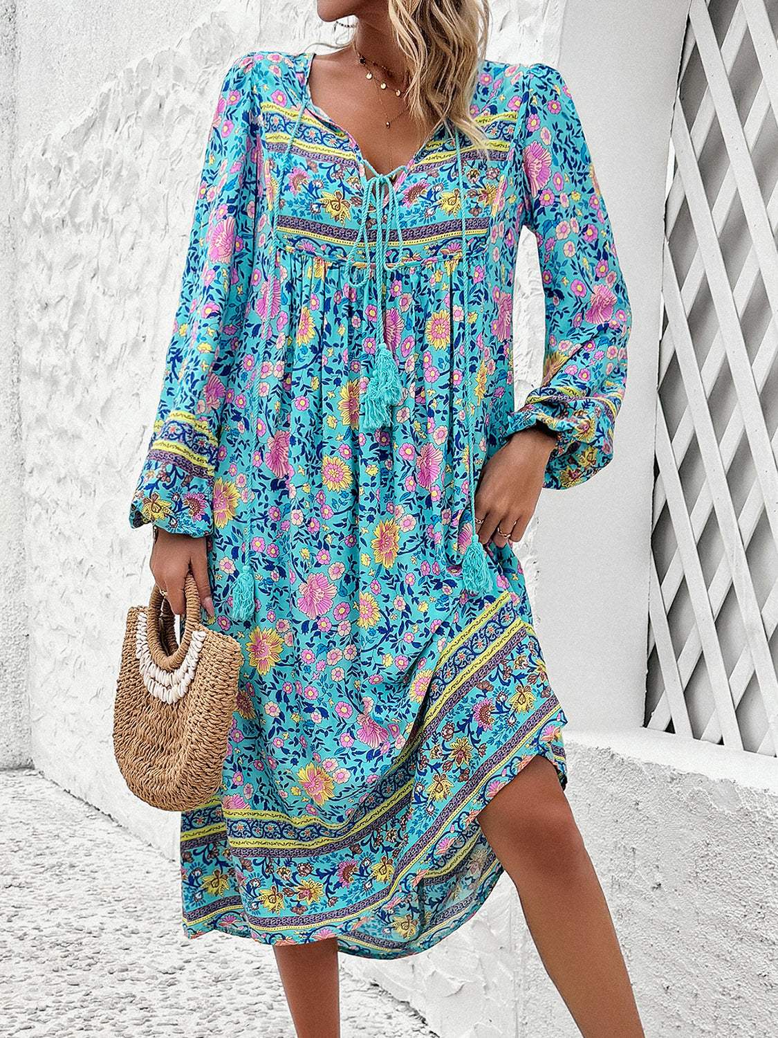 Tassel Tied Printed Long Sleeve Dress Casual Dresses - Tophatter Daily Deals