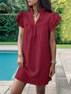 Frill Notched Flounce Sleeve Mini Dress Wine Casual Dresses - Tophatter Daily Deals