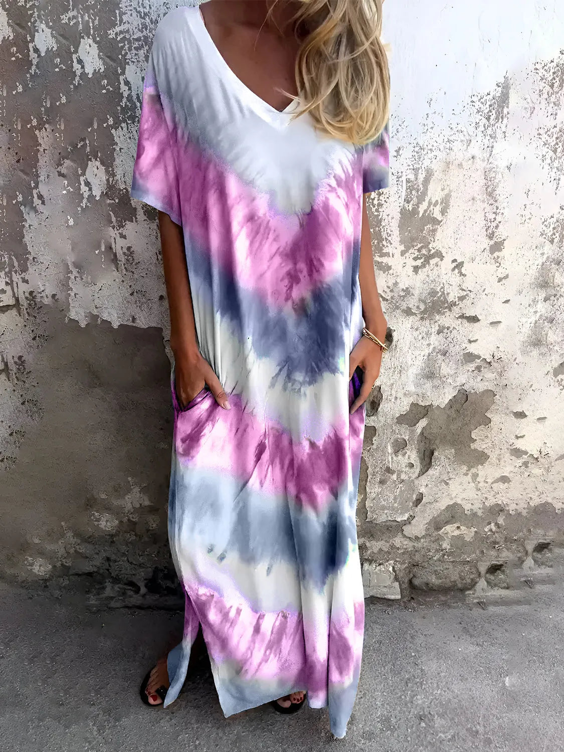 Full Size Pocketed Tie-Dye Short Sleeve Dress Fuchsia Pink Casual Dresses - Tophatter Daily Deals