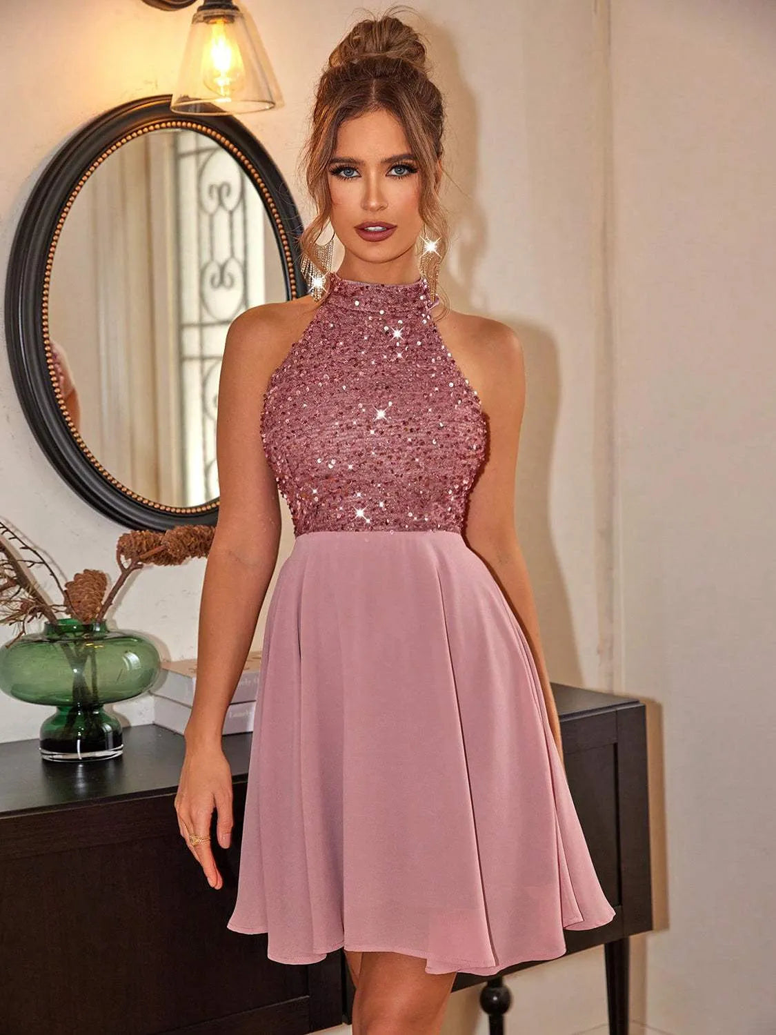 Sequin Mock Neck Mini Dress Blush Pink Cocktail Dresses - Tophatter Daily Deals