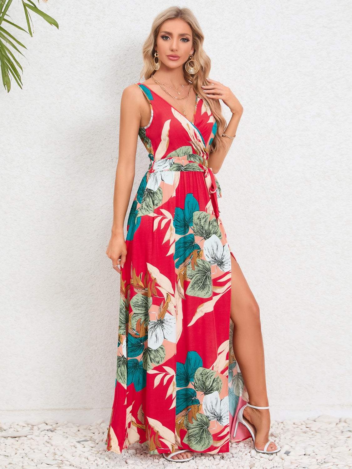 Slit Tied Printed Surplice Dress Casual Dresses - Tophatter Daily Deals