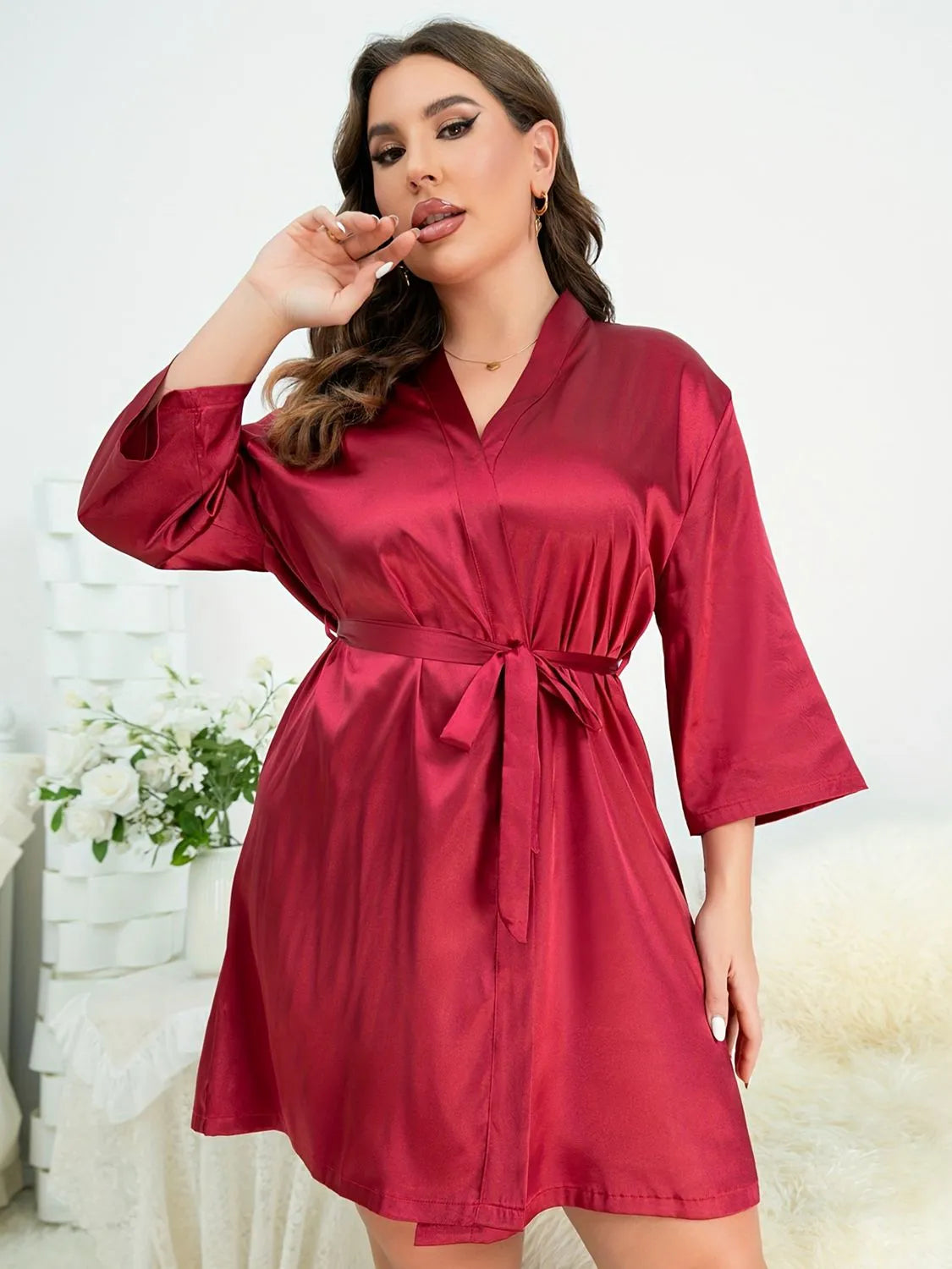 Plus Size Surplice Neck Tie Waist Robe Deep Red Sleep Dresses - Tophatter Daily Deals