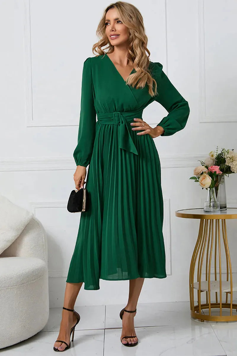 V-Neck Long Sleeve Tie Waist Midi Dress Casual Dresses - Tophatter Daily Deals