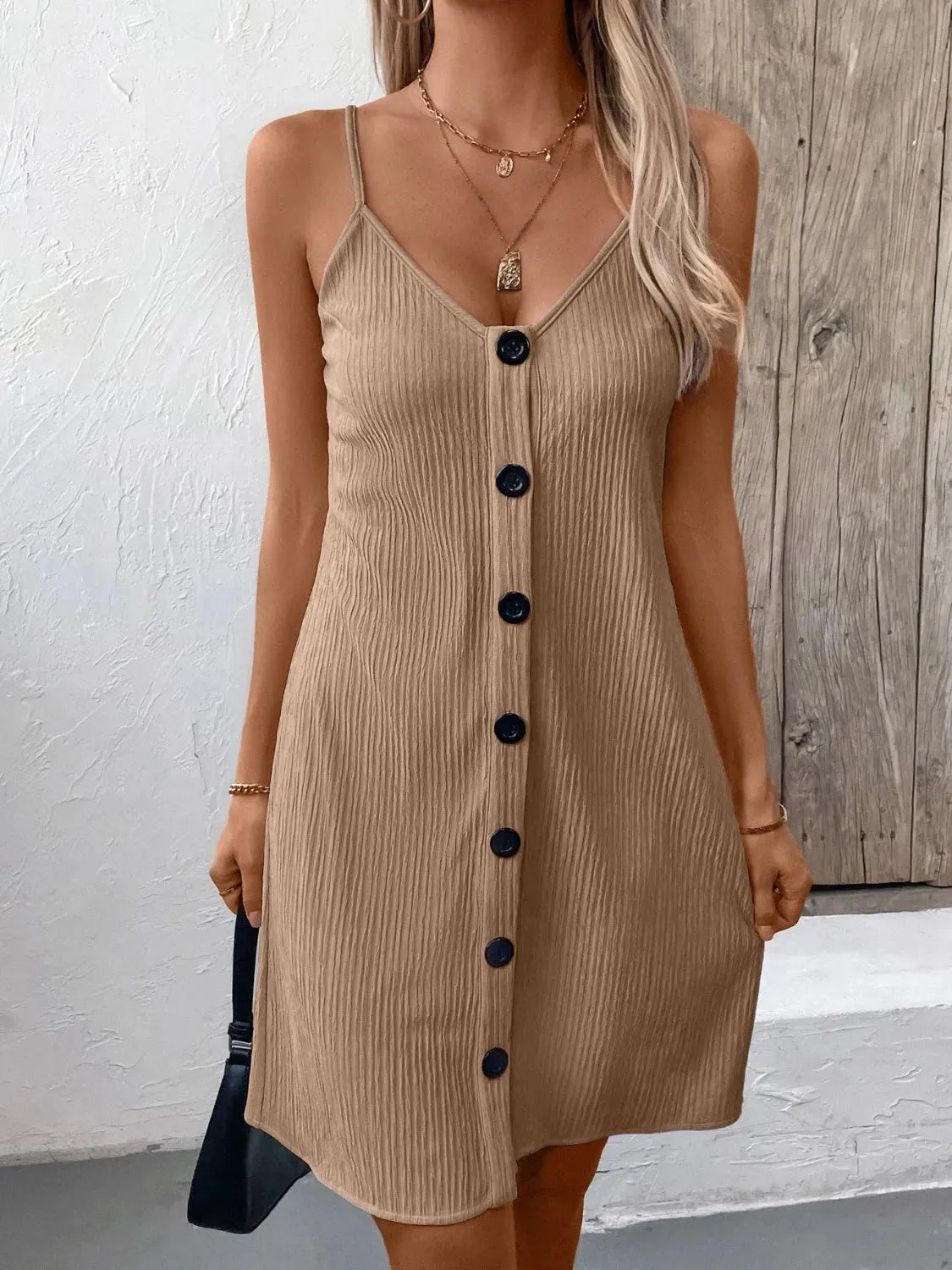 Textured V-Neck Sleeveless Mini Cami Dress Casual Dresses - Tophatter Daily Deals