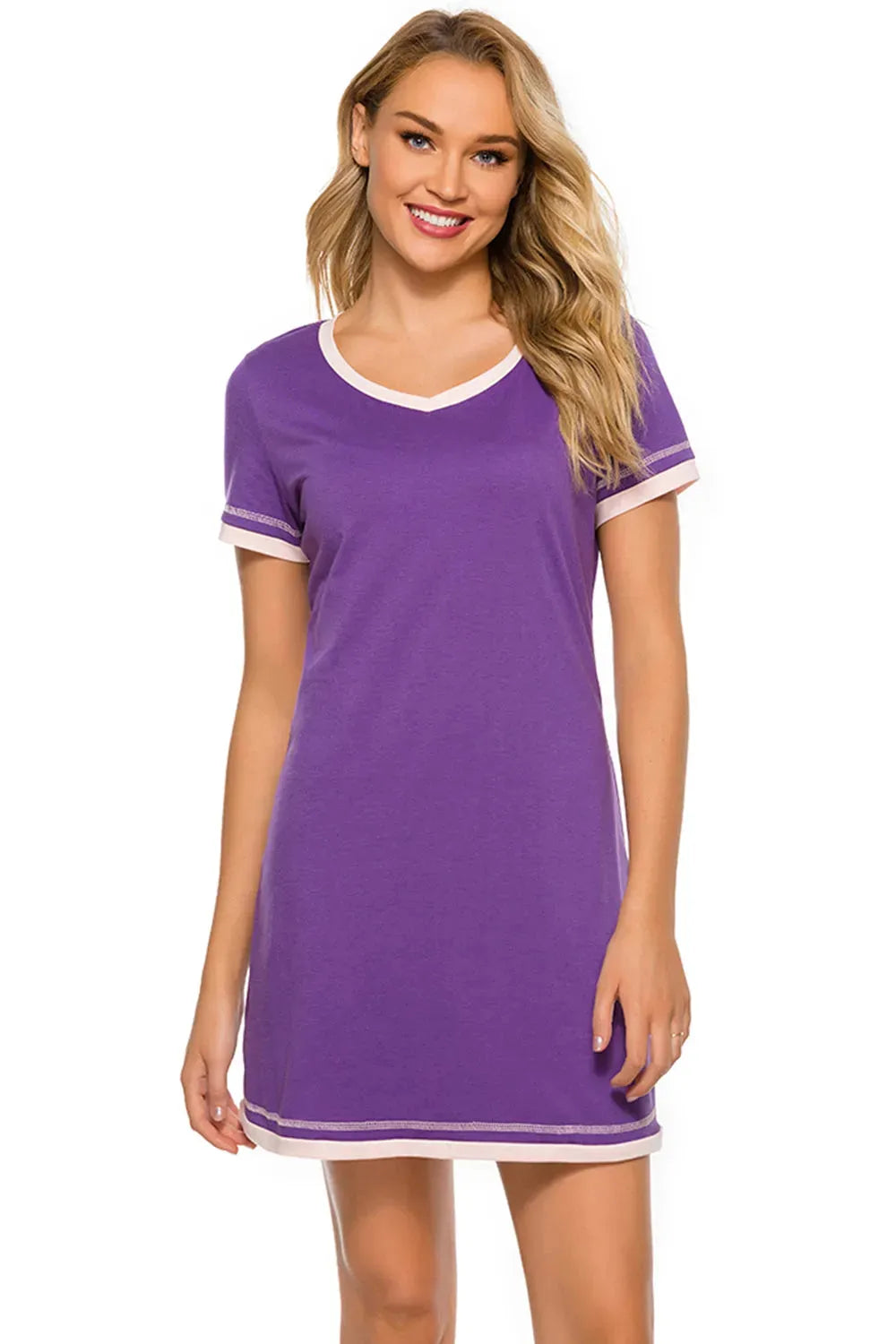 Contrast Trim Short Sleeve Lounge Dress Sleep Dresses - Tophatter Daily Deals