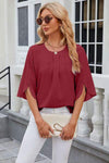 Round Neck Slit Half Sleeve Top Deep Red Women's T-Shirts - Tophatter Daily Deals