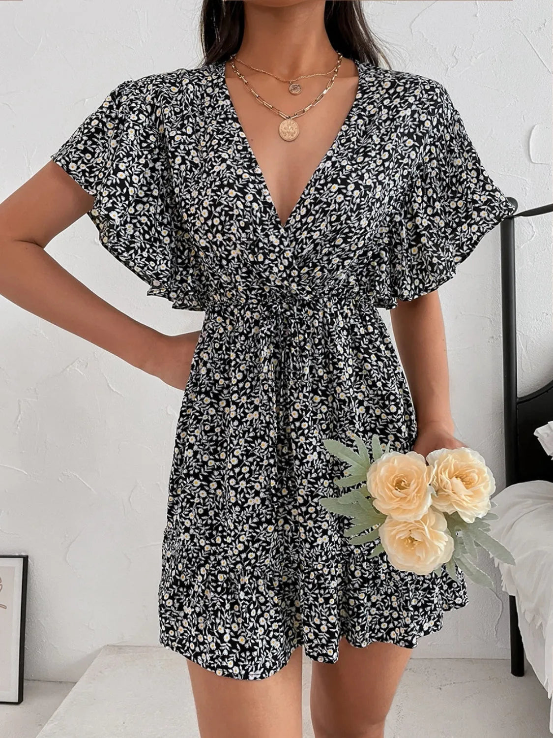 Cutout Ditsy Floral Surplice Flounce Sleeve Dress Casual Dresses - Tophatter Daily Deals