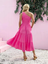 Smocked Single Shoulder Sleeveless Dress Casual Dresses - Tophatter Daily Deals