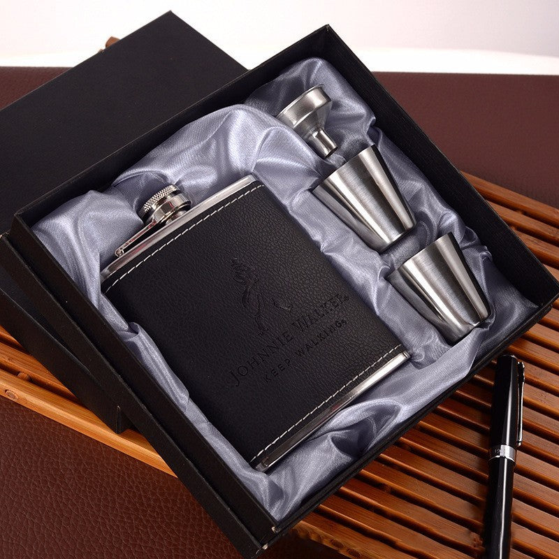7oz Stainless Steel Bottle Set Portable Gift Box Grey Thick Black Skinned Seni 0 - Tophatter Daily Deals