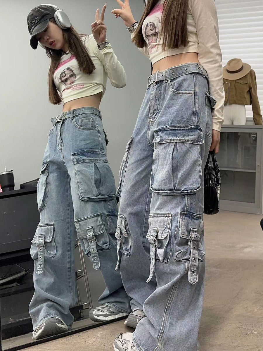 Autumn American Vintage Street Trendy Multi-pocket Workwear Jeans 0 - Tophatter Daily Deals