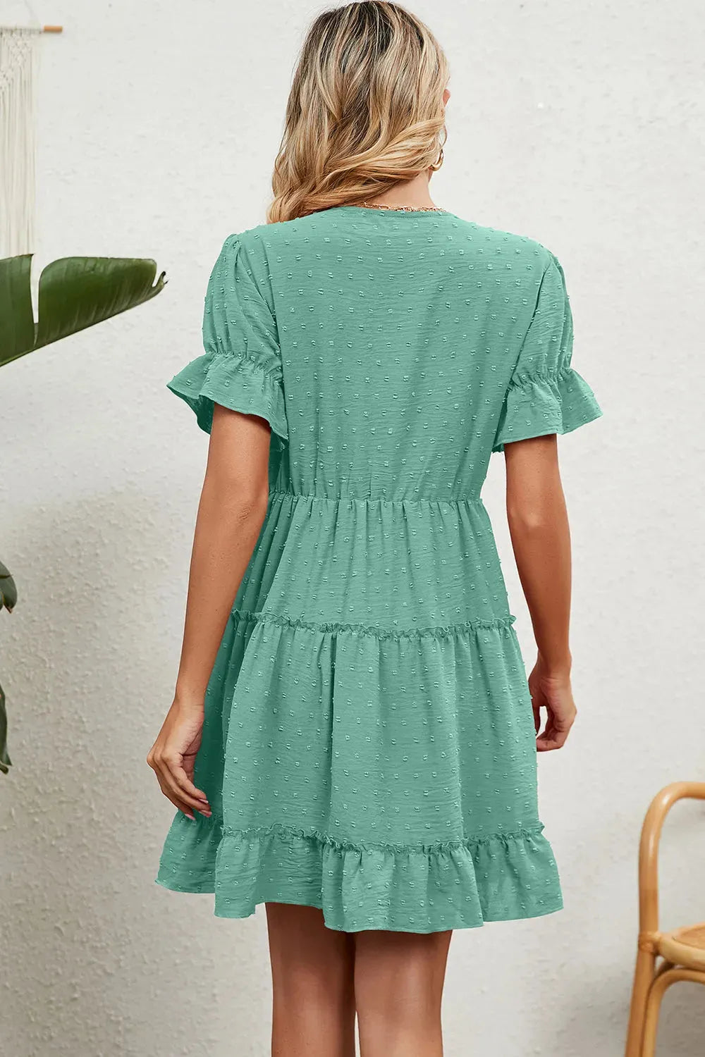 Swiss Dot V-Neck Flounce Sleeve Mini Dress Casual Dresses - Tophatter Daily Deals