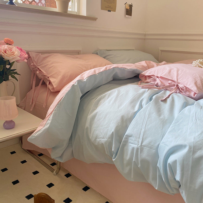 All Cotton Washed Cotton Four-piece Set Soft Comfortable Bow Bedding Pink Blue Cp 0 - Tophatter Daily Deals