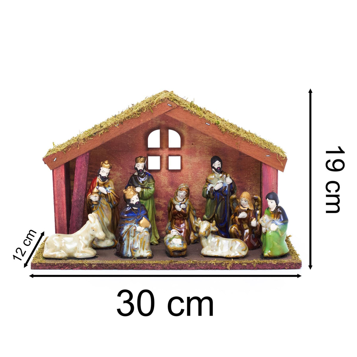 11-Piece Traditional Nativity Set with 10 Ceramic Figures & Wooden Stable - 30cm Nativity Set - Tophatter Daily Deals