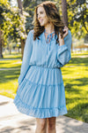 Frill Tie Neck Balloon Sleeve Dress Pastel Blue Casual Dresses - Tophatter Daily Deals