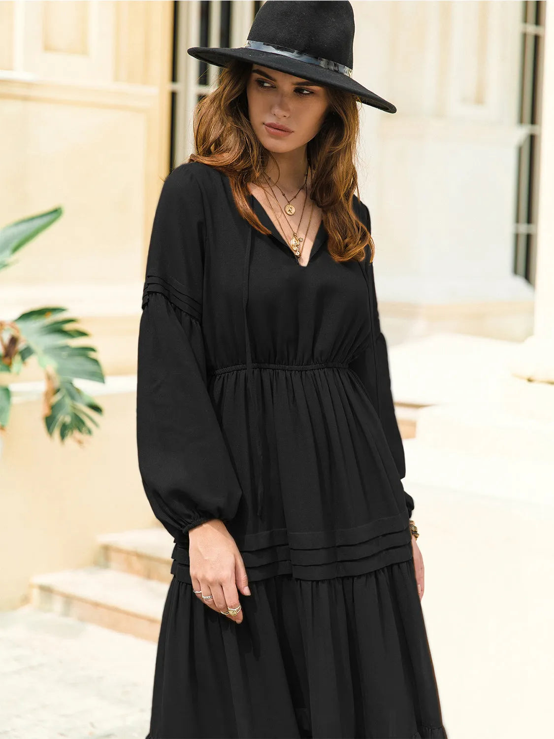 Tie Neck Long Sleeve Midi Tiered Dress Casual Dresses - Tophatter Daily Deals