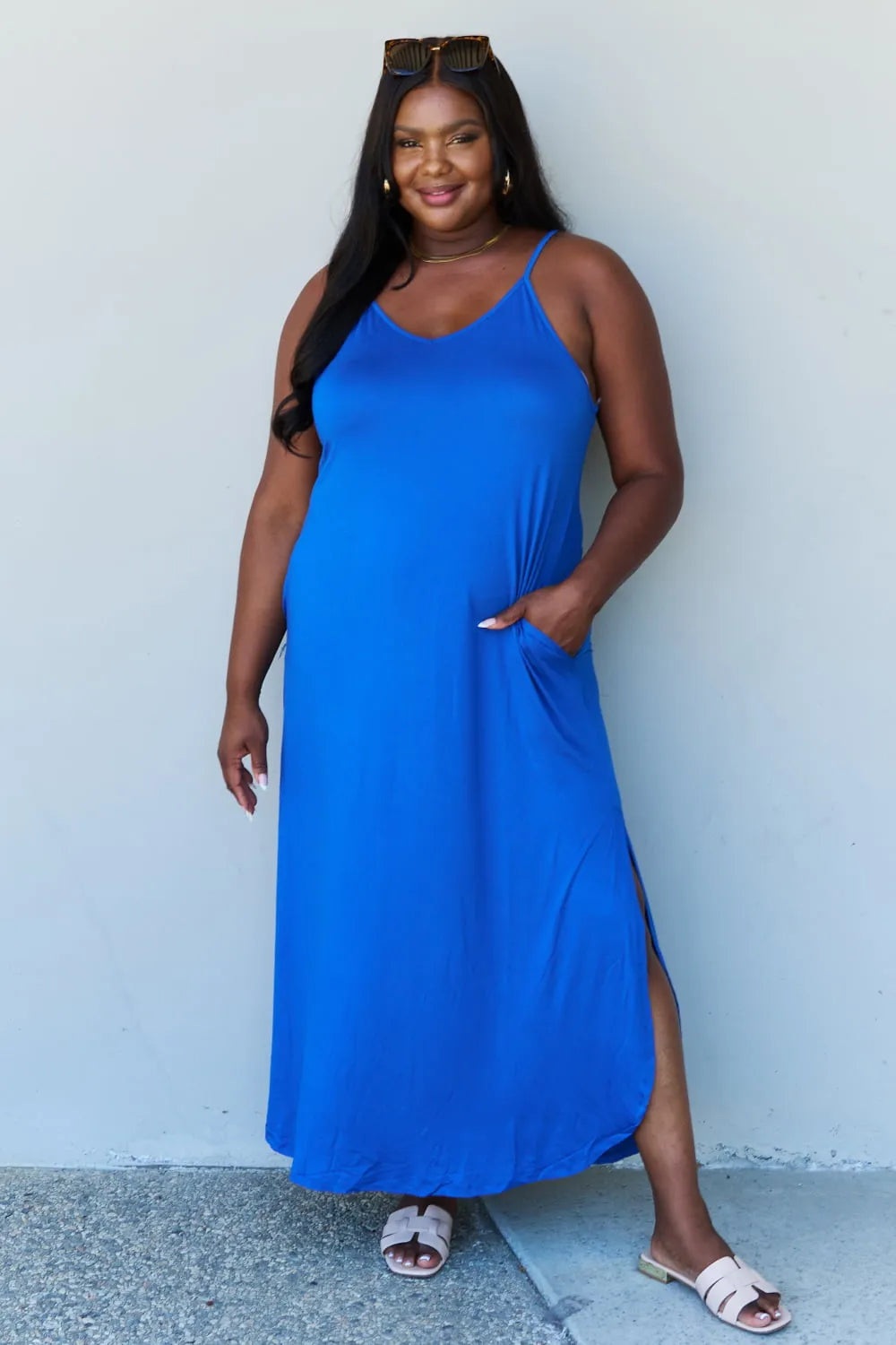 Ninexis Good Energy Full Size Cami Side Slit Maxi Dress in Royal Blue Royal Blue Casual Dresses - Tophatter Daily Deals