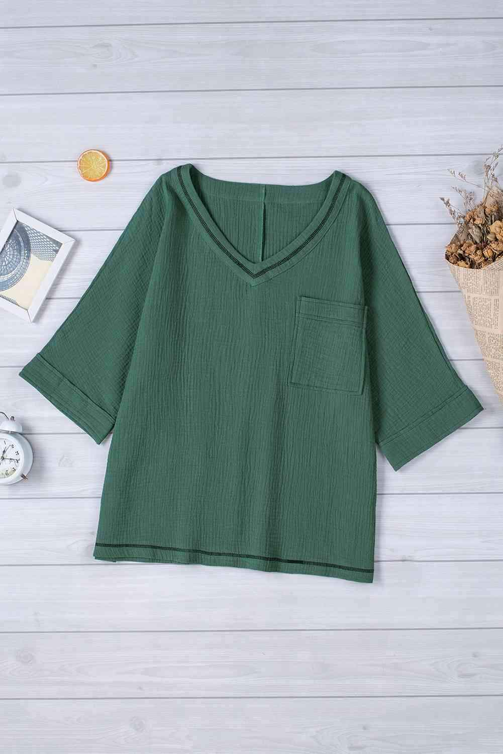 Textured V-Neck Half Sleeve Blouse Green Blouses - Tophatter Daily Deals