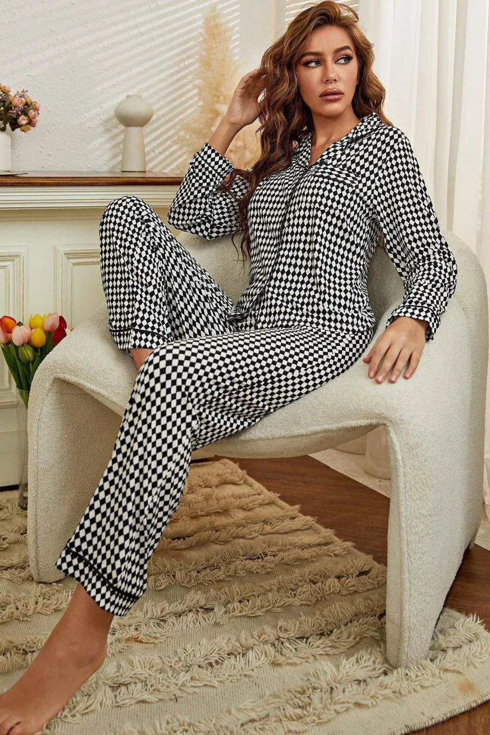 Checkered Button Front Top and Pants Loungewear Set Loungewear Sets - Tophatter Daily Deals