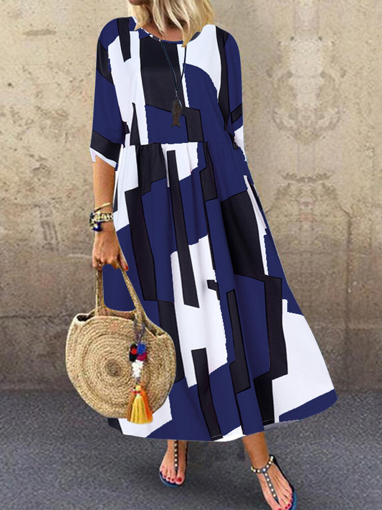 Geometric Print Loose Maxi Dress Blue Maxi Dresses - Tophatter Daily Deals