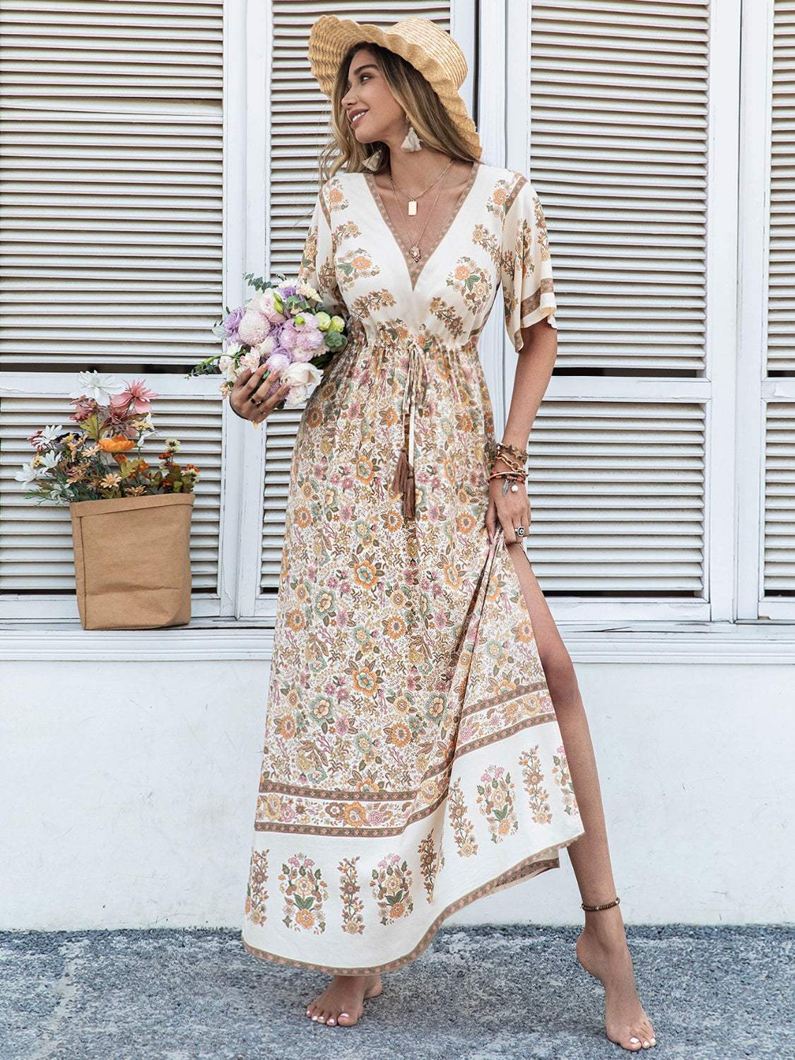 Drawstring Printed Plunge Half Sleeve Dress Khaki Casual Dresses - Tophatter Daily Deals