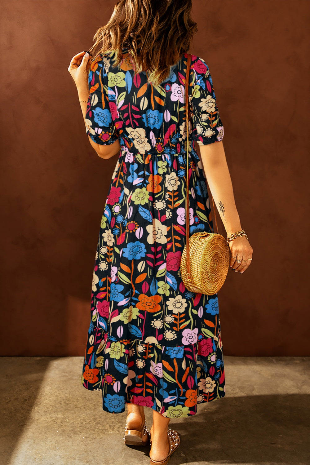 Printed V-Neck Half Sleeve Midi Dress - Tophatter Deals