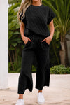 Short Sleeve Top and Pocketed Pants Lounge Set Black Loungewear Sets - Tophatter Daily Deals