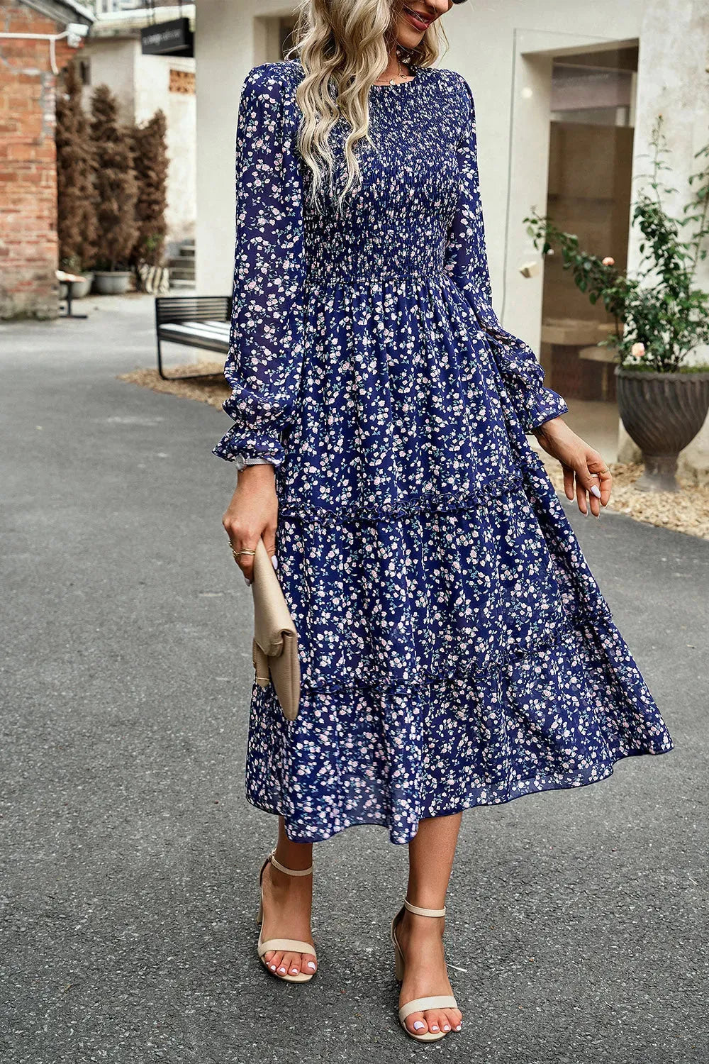 Smocked Flounce Sleeve Midi Dress Casual Dresses - Tophatter Daily Deals