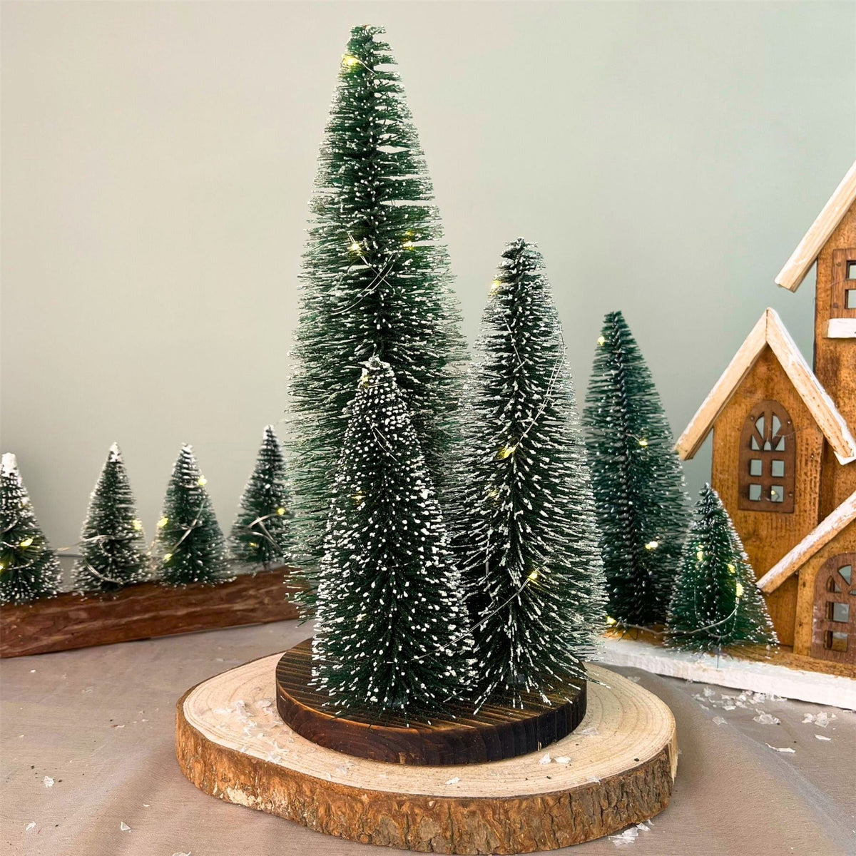 LED Bottle Brush Christmas Trees on Wooden Base | Snowy Green Light-Up Trees LED Light - Tophatter Daily Deals