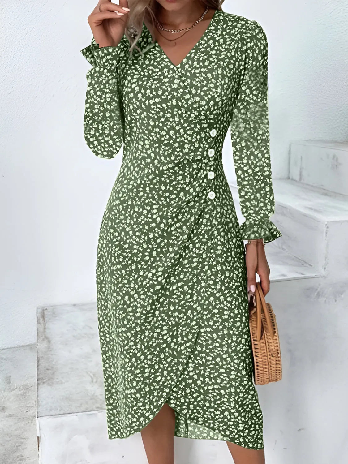 Full Size Printed Surplice Long Sleeve Midi Dress Green Casual Dresses - Tophatter Daily Deals