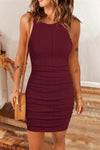 Ruched Round Neck Sleeveless Dress Wine Casual Dresses - Tophatter Daily Deals