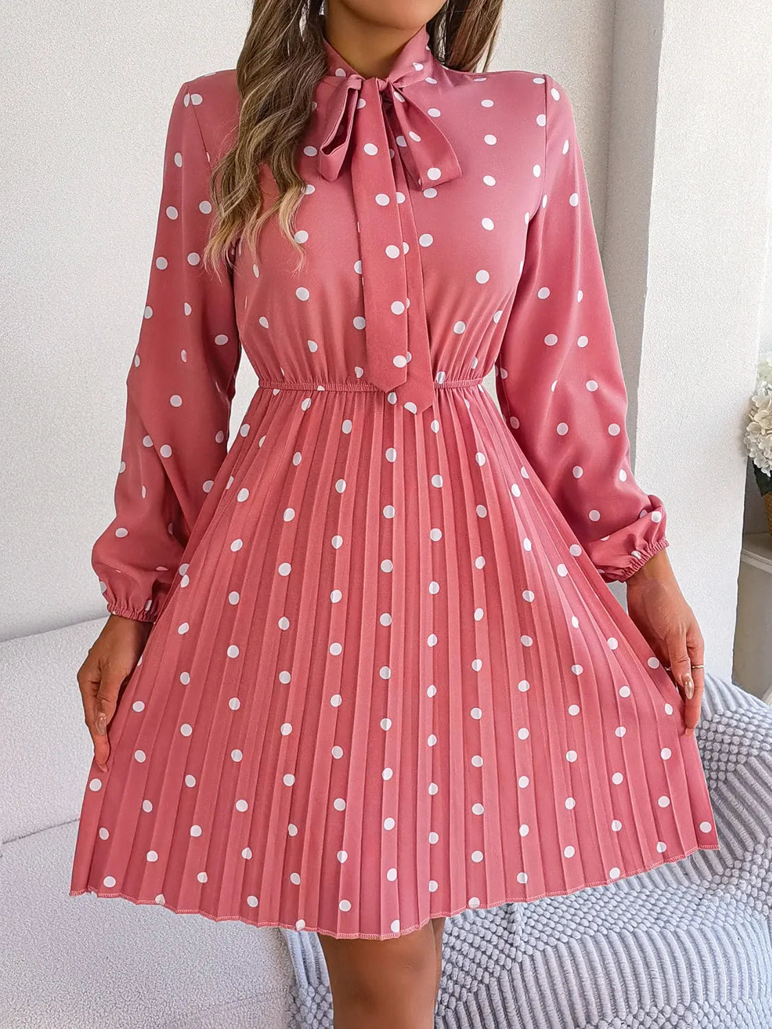 Polka Dot Tie Neck Pleated Dress Casual Dresses - Tophatter Daily Deals