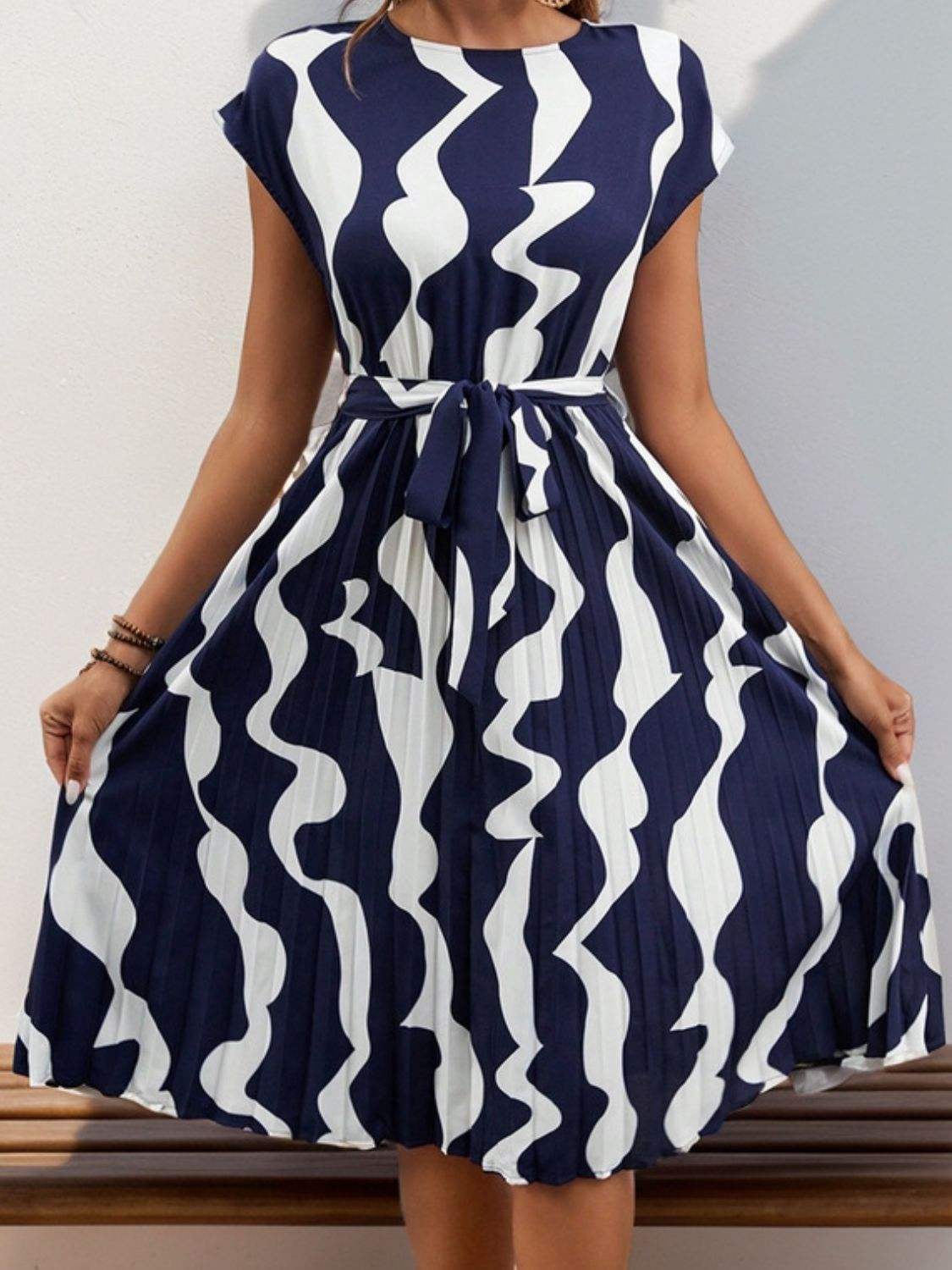 Tied Pleated Printed Cap Sleeve Dress Dark Blue Casual Dresses - Tophatter Daily Deals