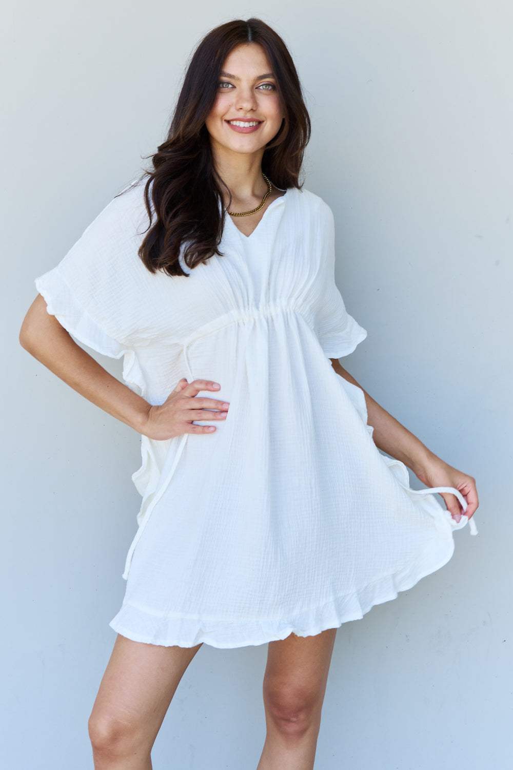 Ninexis Out Of Time Full Size Ruffle Hem Dress with Drawstring Waistband in White White Casual Dresses - Tophatter Daily Deals