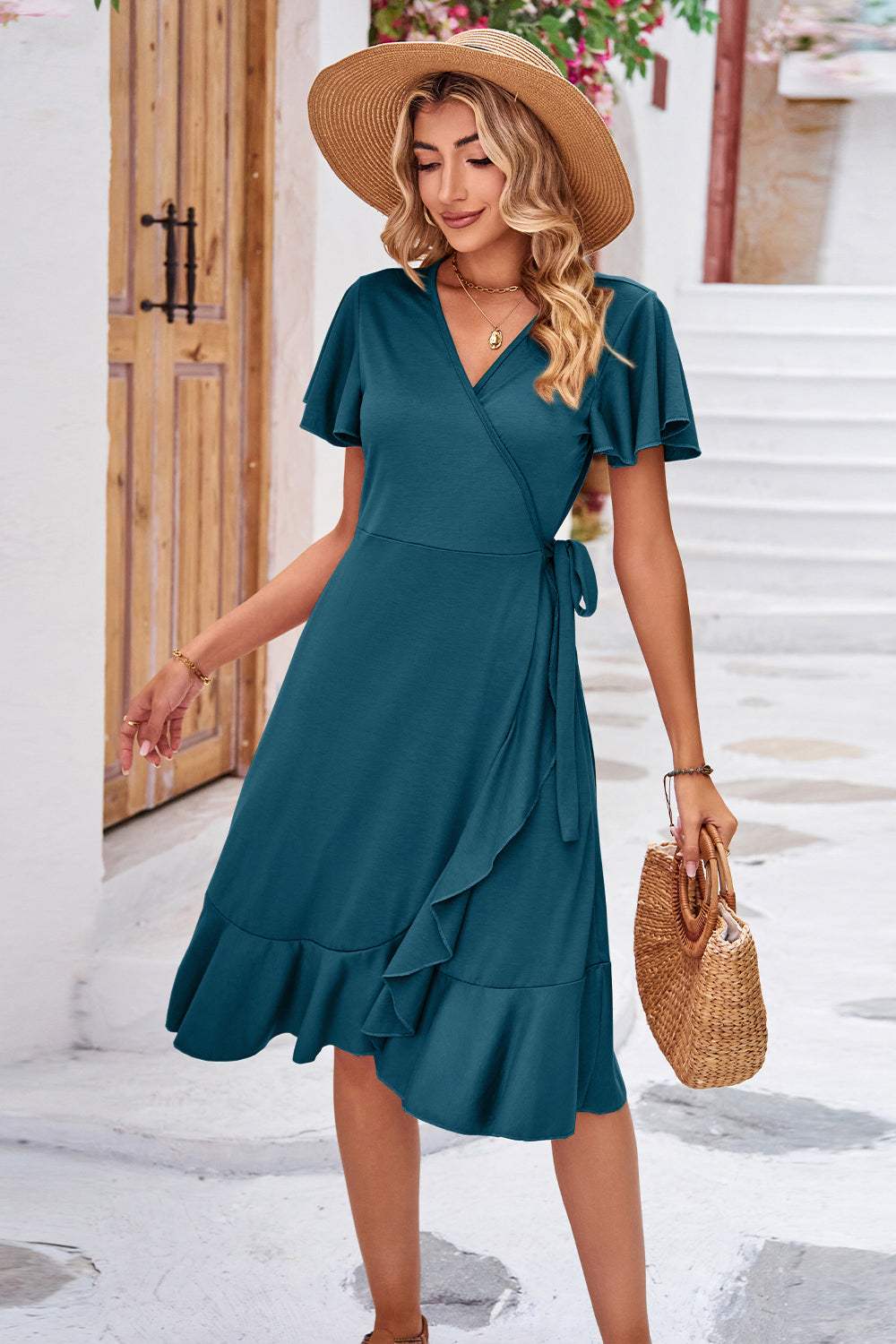 Surplice Neck Flutter Sleeve Dress Casual Dresses - Tophatter Daily Deals