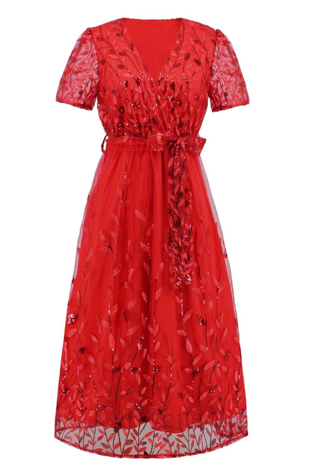 Sequin Leaf Embroidery Tie Front Short Sleeve Dress Cocktail Dresses - Tophatter Daily Deals