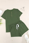 Quarter Button Short Sleeve Top and Shorts Lounge Set Green Loungewear Sets - Tophatter Daily Deals