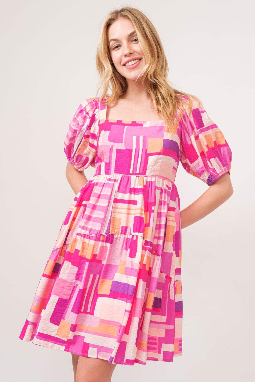 And The Why Color Block Puff Sleeve Dress Pink Multi Casual Dresses - Tophatter Daily Deals