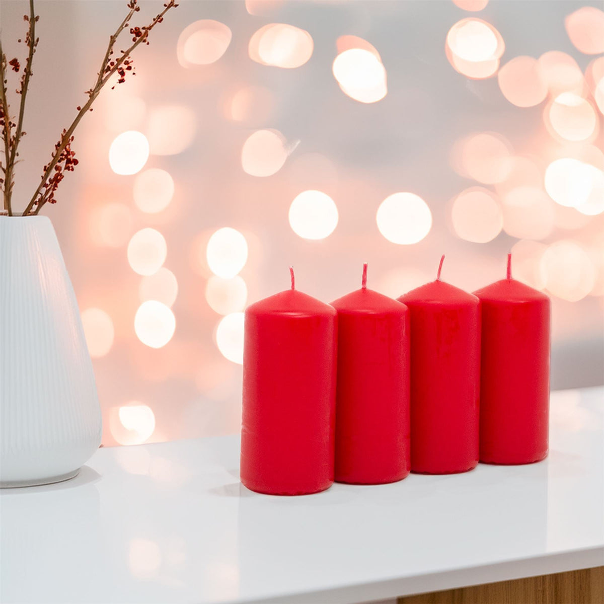 Set of 4 Red Pillar Candles | Unscented Wax Candles for Home & Events - 5x10cm Candle - Tophatter Daily Deals